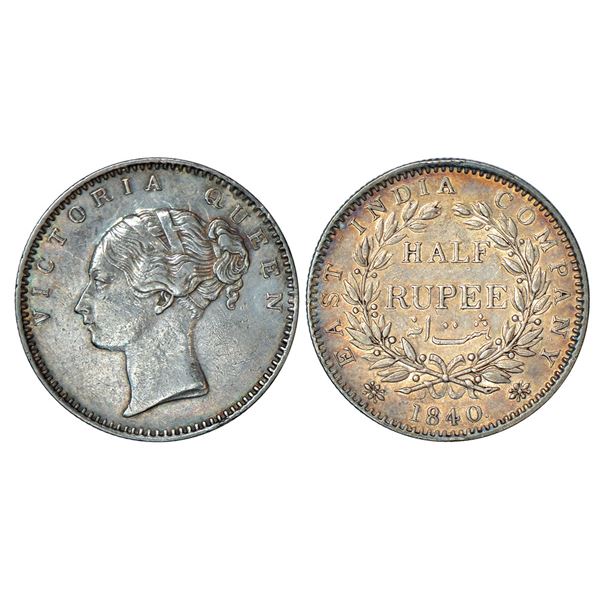 British India: Victoria Queen, continuous legend, silver ½ rupee, 1840, Bombay mint, English head, 1