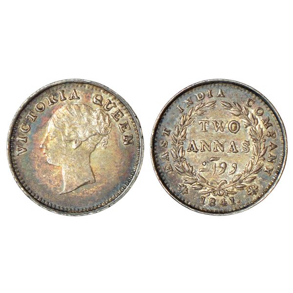 British India: Victoria Queen, continuous legend, silver 2 annas, 1841, Madras mint, English Head, S