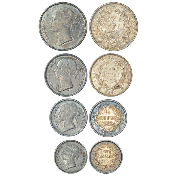 British India: Victoria Queen, divided legend, set of 4 silver coins, 1840, rupee, ½ rupee, ¼ rupee 