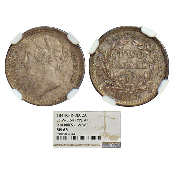 British India: Victoria Queen, divided legend, silver 2 annas, 1841, Calcutta mint, W.W. raised, 9 b