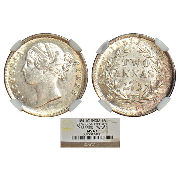 British India: Victoria Queen, divided legend, silver 2 annas, 1841, Calcutta mint, W.W. raised, 9 b