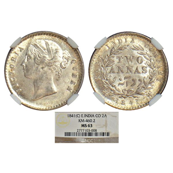 British India: Victoria Queen, divided legend, silver 2 annas, 1841, Calcutta mint, W.W. raised, 9 b