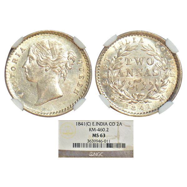 British India: Victoria Queen, divided legend, silver 2 annas, 1841, Calcutta mint, W.W. raised, 9 b