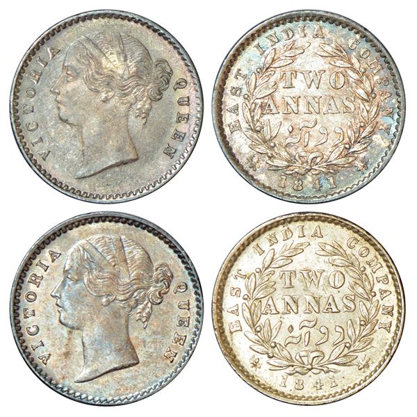 British India: Victoria Queen, divided legend, silver 2 annas (2), 1841, Calcutta mint, W.W. raised,