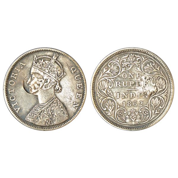 British India: Victoria Queen, silver rupee, 1862, Crown counter-struck on Victoria's portrait on ob