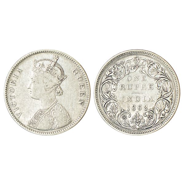 British India: Victoria Queen, silver rupee, 1862, Bombay mint, A/II/1/7, top dot within top flower,