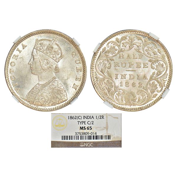 British India: Victoria Queen, silver ½ rupee, 1862, Calcutta mint, C/II, L.C. Wyon's design on obve