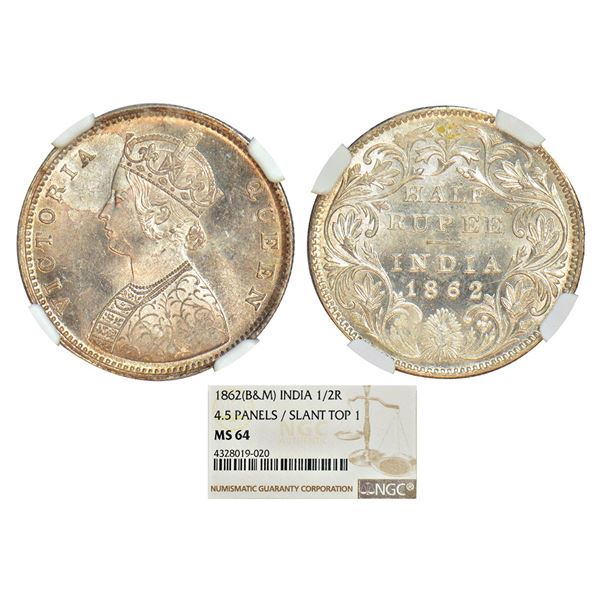 British India: Victoria Queen, silver ½ rupee, 1862, Calcutta mint, C/II, L.C. Wyon's design on obve