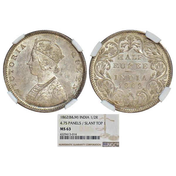 British India: Victoria Queen, silver ½ rupee, 1862, Calcutta mint, C/II, L.C. Wyon's design on obve