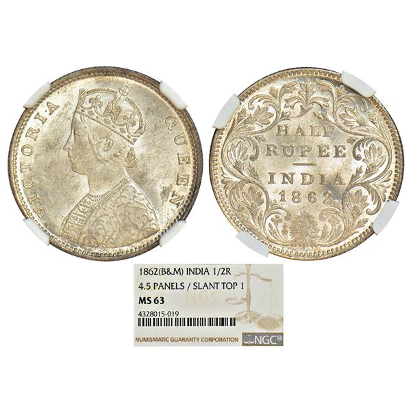 British India: Victoria Queen, silver ½ rupee, 1862, Calcutta mint, C/II, L.C. Wyon's design on obve