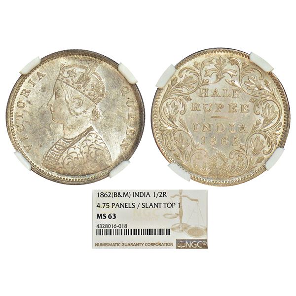 British India: Victoria Queen, silver ½ rupee, 1862, Calcutta mint, C/II, L.C. Wyon's design on obve
