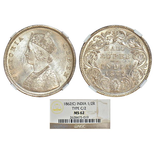 British India: Victoria Queen, silver ½ rupee, 1862, Calcutta mint, C/II, L.C. Wyon's design on obve