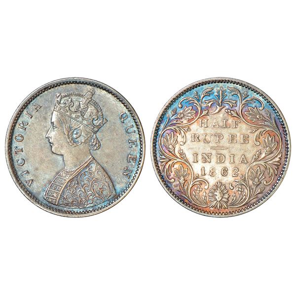 British India: Victoria Queen, silver ½ rupee, 1862, Bombay mint, B1/II, round pearls in the crown, 