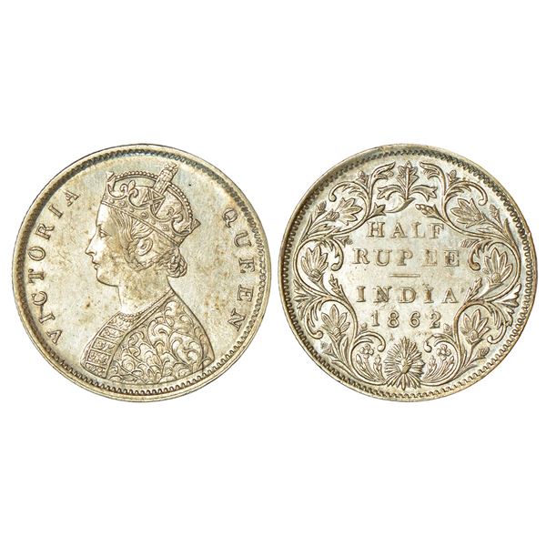 British India: Victoria Queen, silver ½ rupee, 1862, Bombay mint, B1/II, round pearls in the crown, 