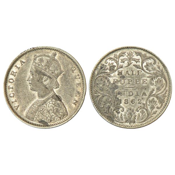 British India: Victoria Queen, silver ½ rupee, 1862, Bombay mint, B1/II, round pearls in the crown, 