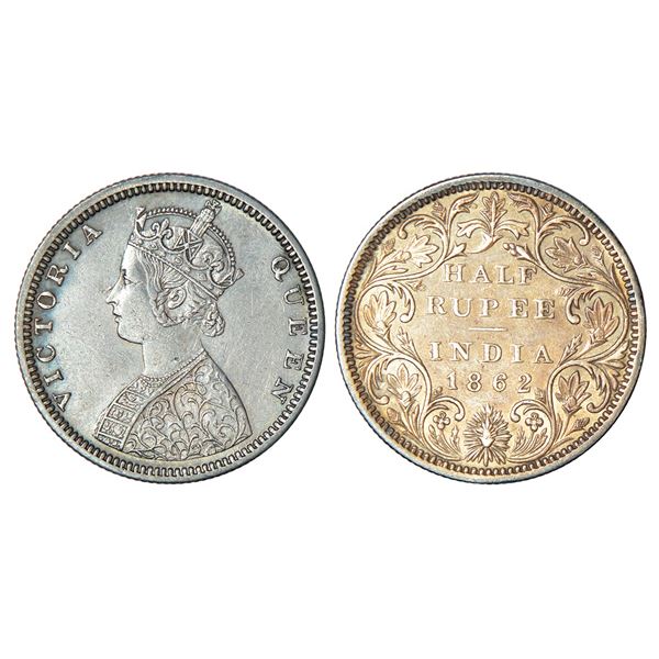 British India: Victoria Queen, silver ½ rupee, 1862, Madras Mint, B2/II, elongated pearls in the cro