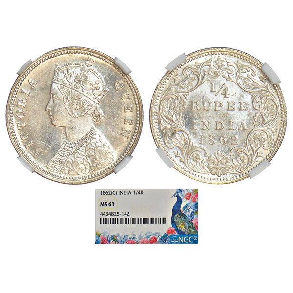 British India: Victoria Queen, silver ¼ rupee, 1862, Calcutta mint, A/I, PR 376; GK 375.