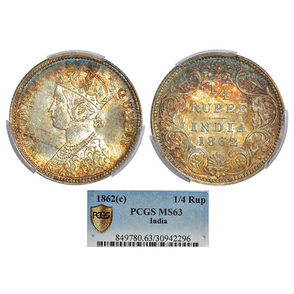 British India: Victoria Queen, silver ¼ rupee, 1862, Calcutta mint, A/I, PR 376; GK 375.