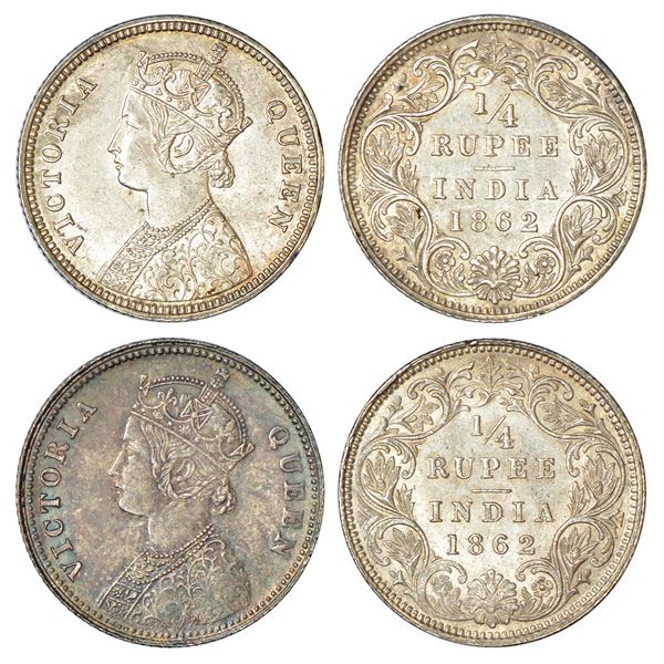 British India: Victoria Queen, silver ¼ rupee (2), 1862, Calcutta mint, A/I/no mm, PR 376. (2 coins)