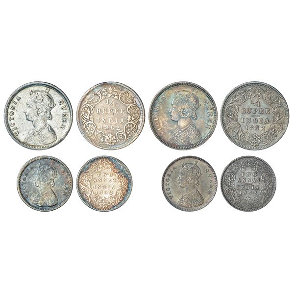 British India: Victoria Queen, silver coins (4), 1862, (A) ¼ rupee (2), 1x Calcutta mint, A/I/no mm,