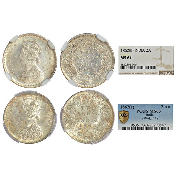 British India: Victoria Queen, silver 2 annas (2), 1862, 1x Calcutta mint, PCGS graded MS63 and 1x B