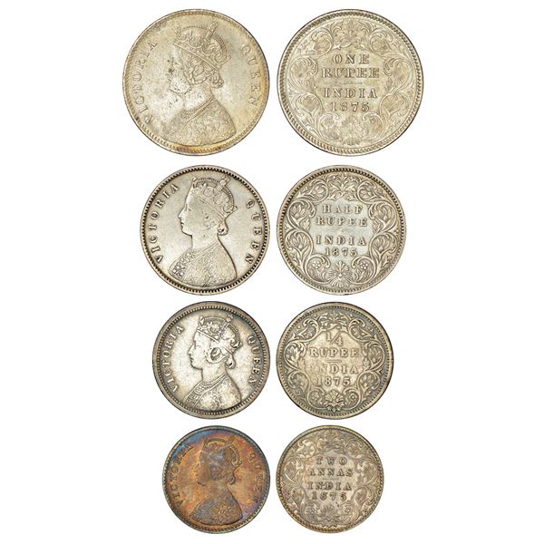 British India: Victoria Queen, set of 4 silver coins, 1875, rupee, ½ rupee, ¼ rupee and 2 annas.(4 c