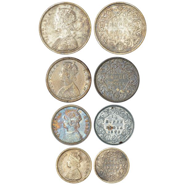 British India: Victoria Queen, set of 4 silver coins, 1876, rupee, ½ rupee, ¼ rupee and 2 annas. (4 