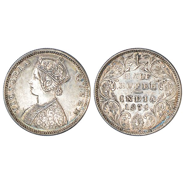 British India: Victoria Queen, silver ½ rupee, 1874, Bombay mint, B2/II/dot, PR 285. Mint mark is fa