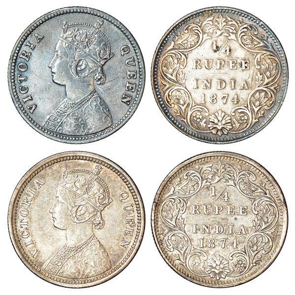 British India: Victoria Queen, silver ¼ rupee (2), 1874, Calcutta mint, A/I/no mm, PR 379 and Bombay