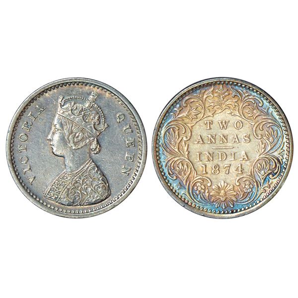 British India: Victoria Queen, silver 2 annas, 1874, Bombay mint, A/I/no mm, PR 516.