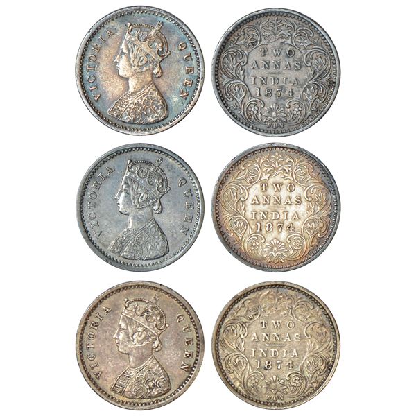 British India: Victoria Queen, silver 2 annas (3), 1874, Bombay mint, A/I/no mm, PR 516. (3 coins)