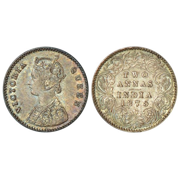 British India: Victoria Queen, silver 2 annas, 1875, Calcutta mint, A/I/no mm, PR 489.