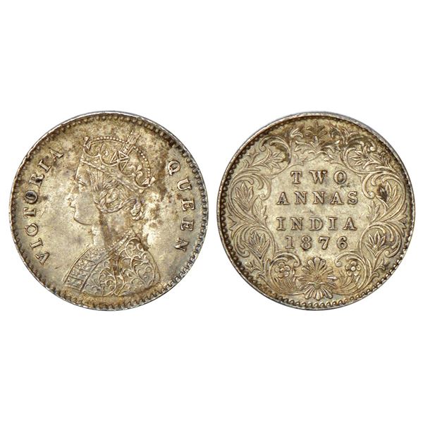 British India: Victoria Queen, silver 2 annas, 1876, Calcutta mint, A/I/no mm, PR 490.