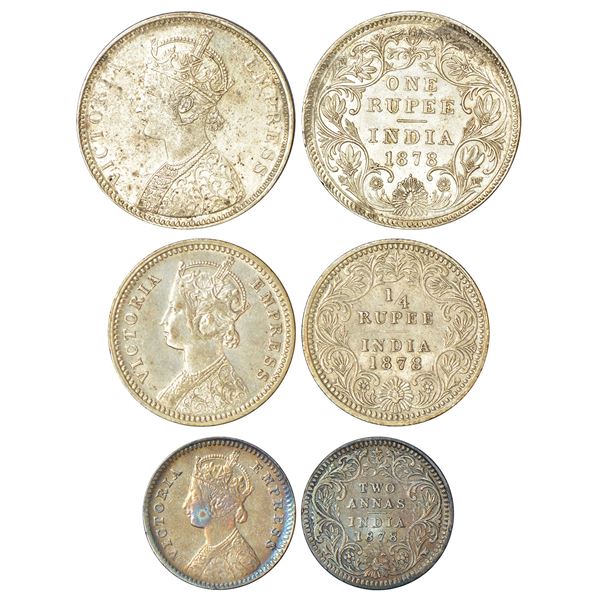 British India: Victoria Empress, set of 3 silver coins, 1878, rupee, ¼ rupee and 2 annas.  (3 coins)