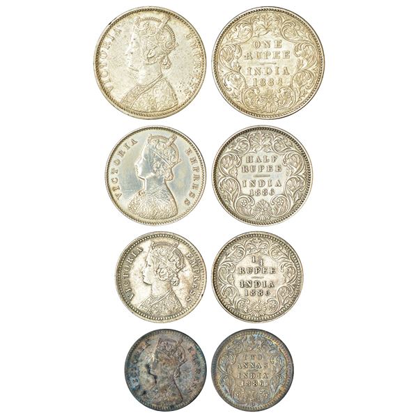 British India: Victoria Empress, set of 4 silver coins, 1886, rupee, ½ rupee, ¼ rupee and 2 annas.(4