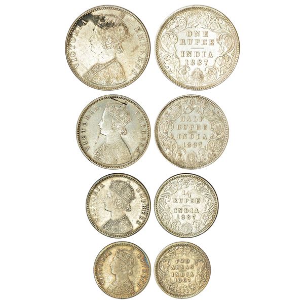 British India: Victoria Empress, set of 4 silver coins, 1887, rupee, ½ rupee, ¼ rupee and 2 annas.(4