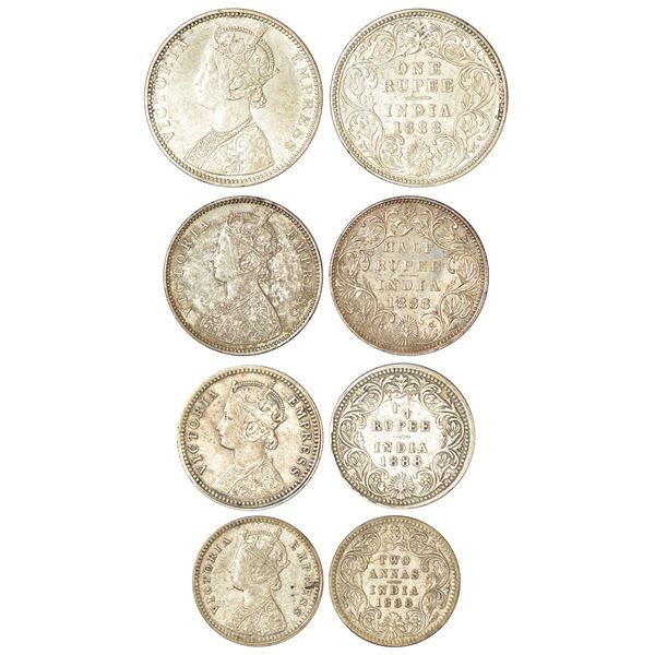 British India: Victoria Empress, set of 4 silver coins, 1888, rupee, ½ rupee, ¼ rupee and 2 annas. (