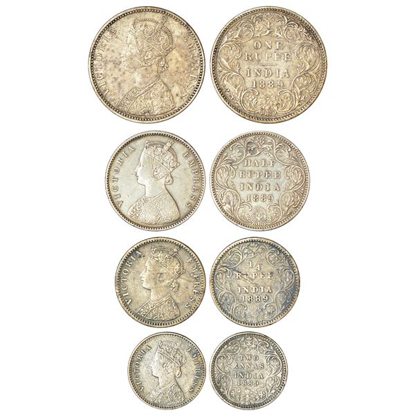 British India: Victoria Empress, set of 4 silver coins, 1889, rupee, ½ rupee, ¼ rupee and 2 annas. (