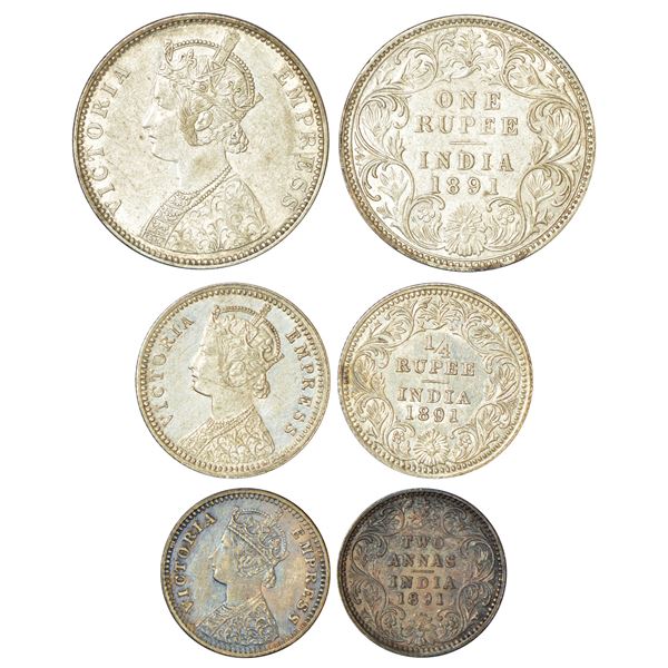 British India: Victoria Empress, set of 3 silver coins, 1891, rupee, ¼ rupee and 2 annas. (3 coins)
