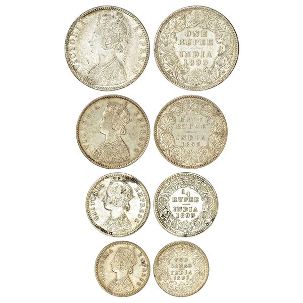 British India: Victoria Empress, set of 4 silver coins, 1893, rupee, ½ rupee, ¼ rupee and 2 annas. (