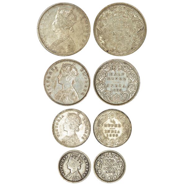 British India: Victoria Empress, set of 4 silver coins, 1898, rupee, ½ rupee, ¼ rupee and 2 annas. (
