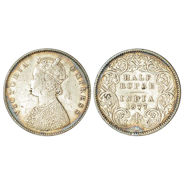 British India: Victoria Empress, silver ½ rupee, 1877, Calcutta mint, A/I, no mm, PR 261.