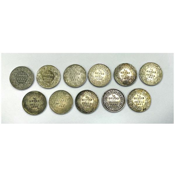 British India: Victoria Empress, silver ¼ rupee (11), 10x Calcutta mint - 1883, PR 388; 1885, 390; 1