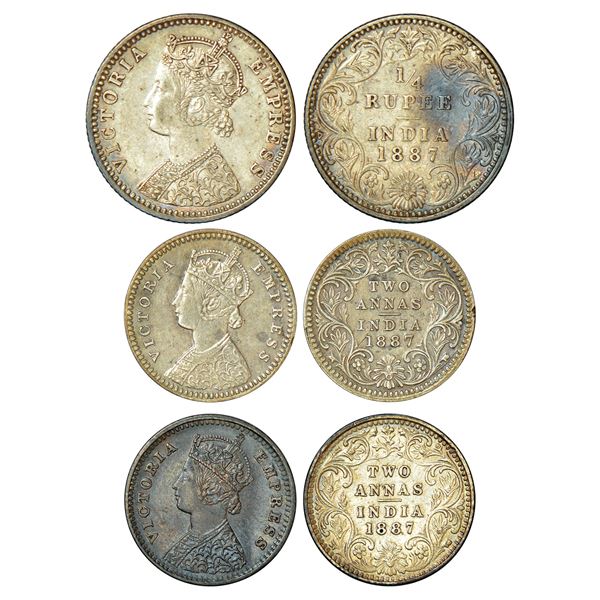 British India: Victoria Empress, silver coins (3), 1887, 1x ¼ rupee, Bombay mint, C/II/B raised, PR 