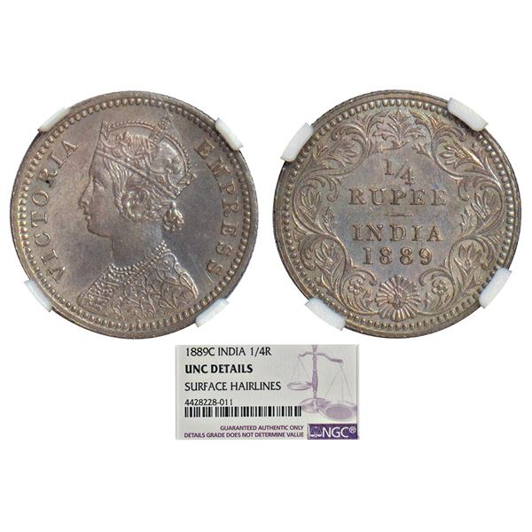 British India: Victoria Empress, silver ¼ rupee, 1889, Calcutta mint, C/II/'C' incused, PR 394; GK 7