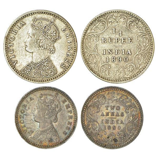 British India: Victoria Empress, silver coins (2), 1890, 1x ¼ rupee, Bombay mint, C/II/B incused, PR
