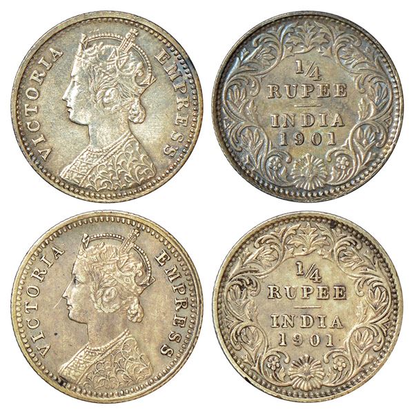 British India: Victoria Empress, silver ¼ rupee (2), 1901, Calcutta mint, C/II/C incused, PR 404.(2 