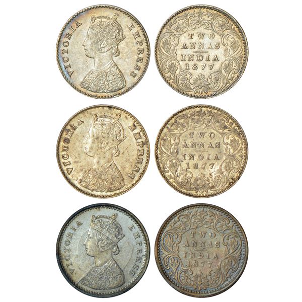 British India: Victoria Empress, silver 2 annas (3), 1877, 2x Calcutta mint, A/I/no mm, PR 491; 1x B