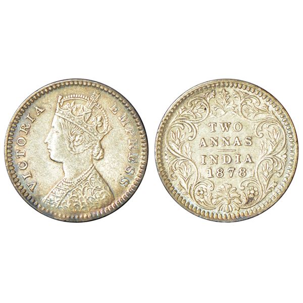 British India: Victoria Empress, silver 2 annas, 1878, Calcutta mint, B/II/no mm, PR 493.