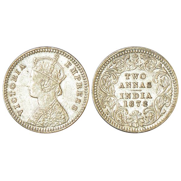 British India: Victoria Empress, silver 2 annas, 1878, Calcutta mint, B/II/no mm, PR 493.